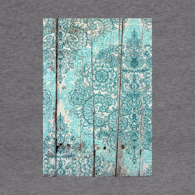 Teal & Aqua Botanical Doodle on Weathered Wood by micklyn